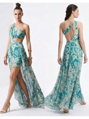 NEW LUXXEL Teal Abstract Print Cut-Out High-Low Maxi Dress SMALL Boho Womens